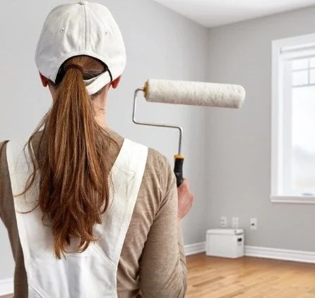 A woman wearing a white baseball cap and apron holding a paint roller in a room with light-colored walls and a window.
