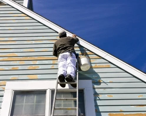 A person standing on a ladder cleaning the roof of a house with a brush, with a sky background.