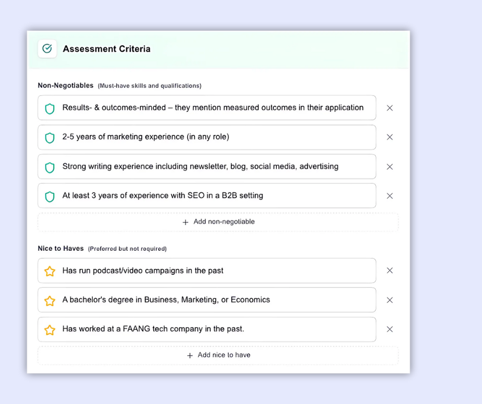 Screenshot of WeShortlist's AI candidate screening software assessment criteria checklist with sections for non-negotiable skills and qualifications such as results-oriented mindset, marketing experience, writing skills, SEO experience