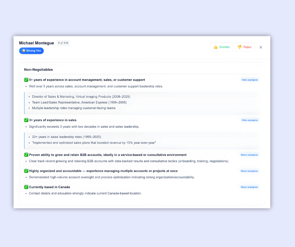 Screenshot of a WeShortlist's AI candidate screening software resumelisting skills and experience, with options to shortlist or reject