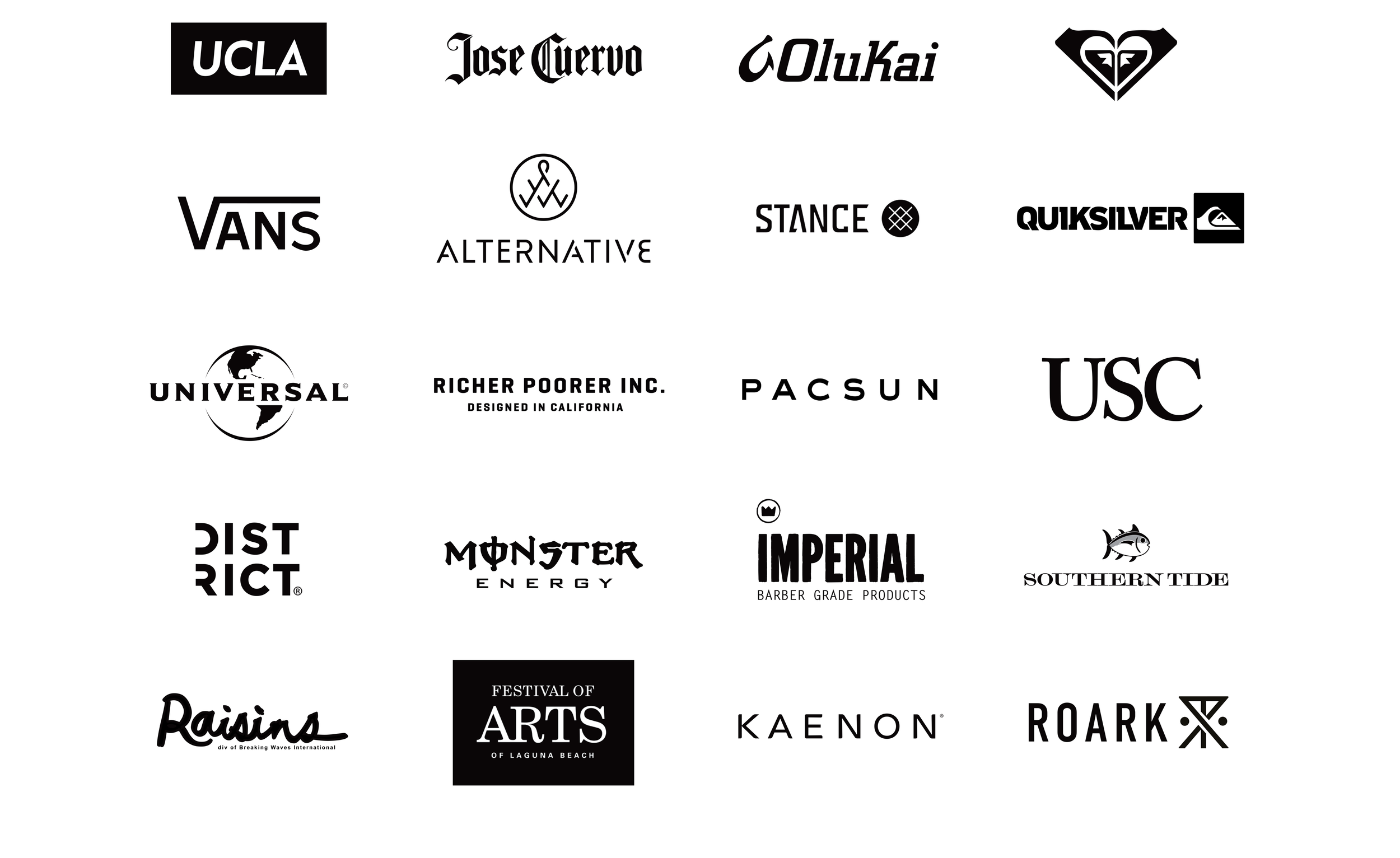 Collection of black and white logos from various brands and organizations, including UCLA, Jose Cuervo, Olukai, Vans, Alternative, Stance, Quiksilver, Universal, Richer Poorer Inc., PacSun, USC, District, Monster Energy, Imperial, Southern Tide, Rais