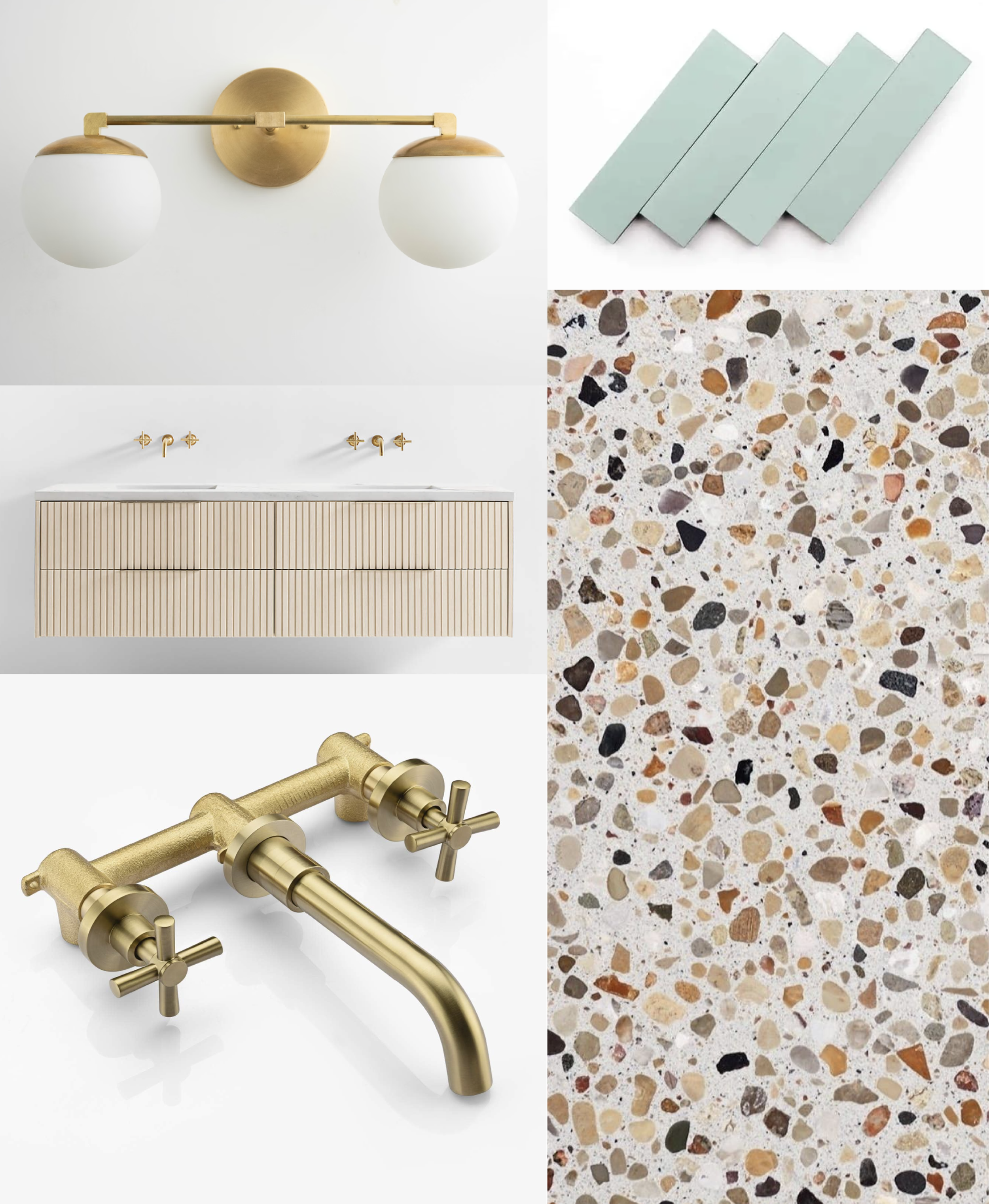 Interior design elements including a wall-mounted light fixture, a set of mint green tiles, a terrazzo floor, a modern bathroom vanity with gold fixtures, and a gold faucet with handles.