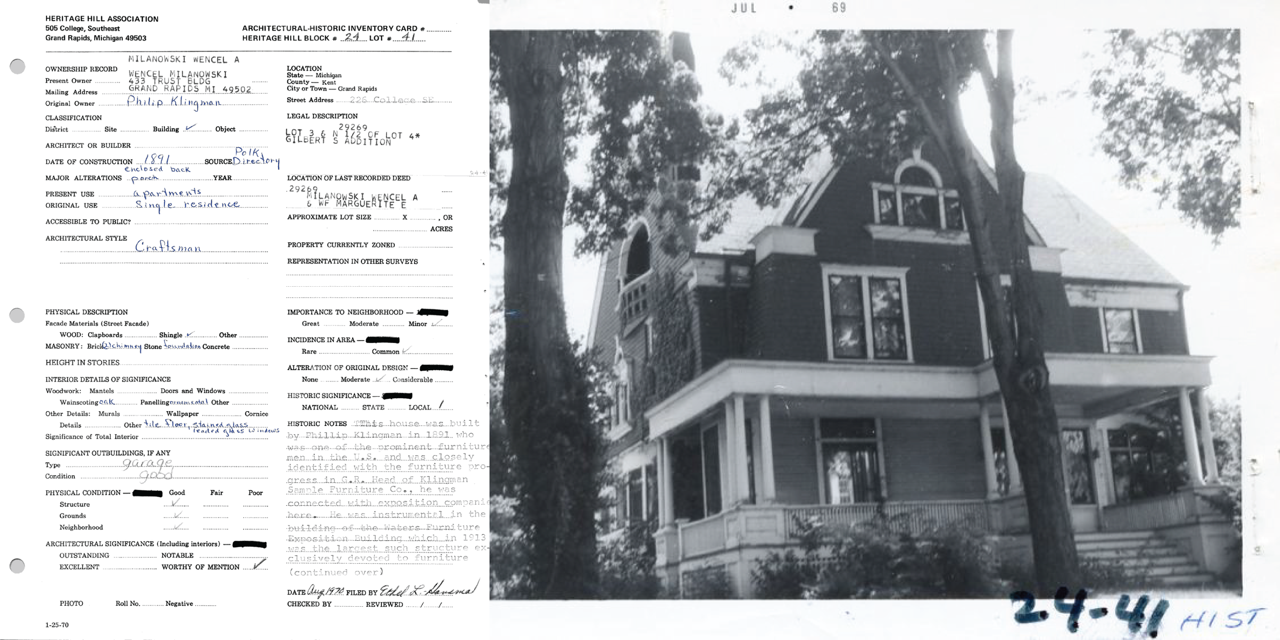 A historic black and white photograph of a three-story Craftsman house with a porch, supported by columns, and multiple large windows. A large tree is in front of the house. There are handwritten notes at the bottom with the date August 1969 and the number 2.4.41. The left side of the image shows a detailed heritage inventory card with property information, location, architectural details, and historical notes.
