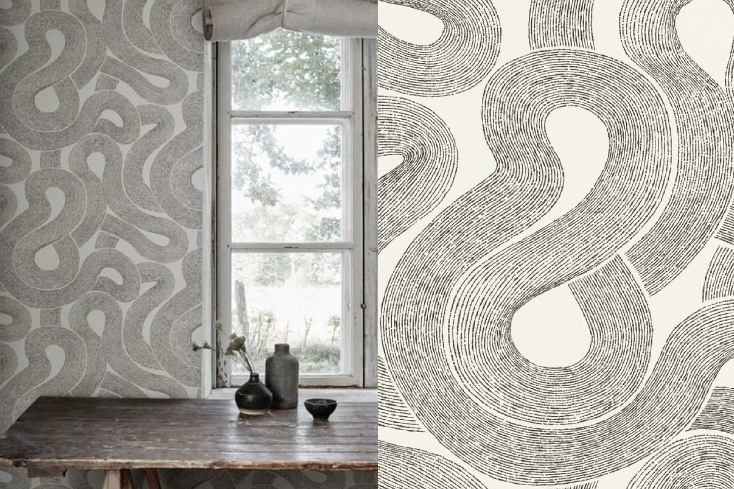 A room with patterned wallpaper, a window showing outdoor greenery, and a rustic wooden table with three ceramic vases and a bowl.