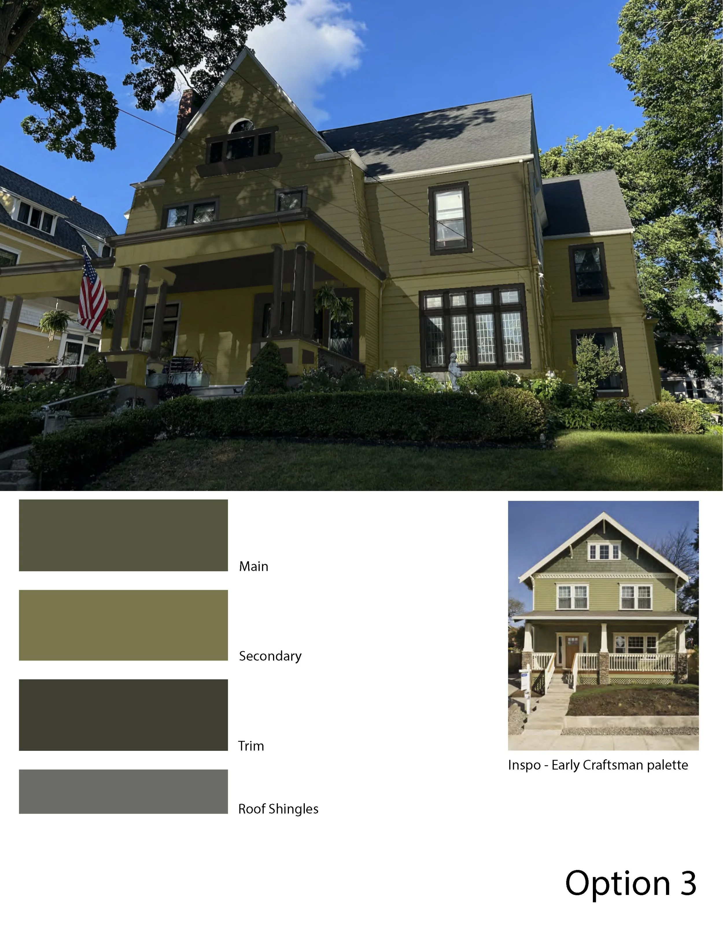 A large yellow house with black trim, a covered porch, and a steep gabled roof surrounded by trees and a well-maintained lawn.