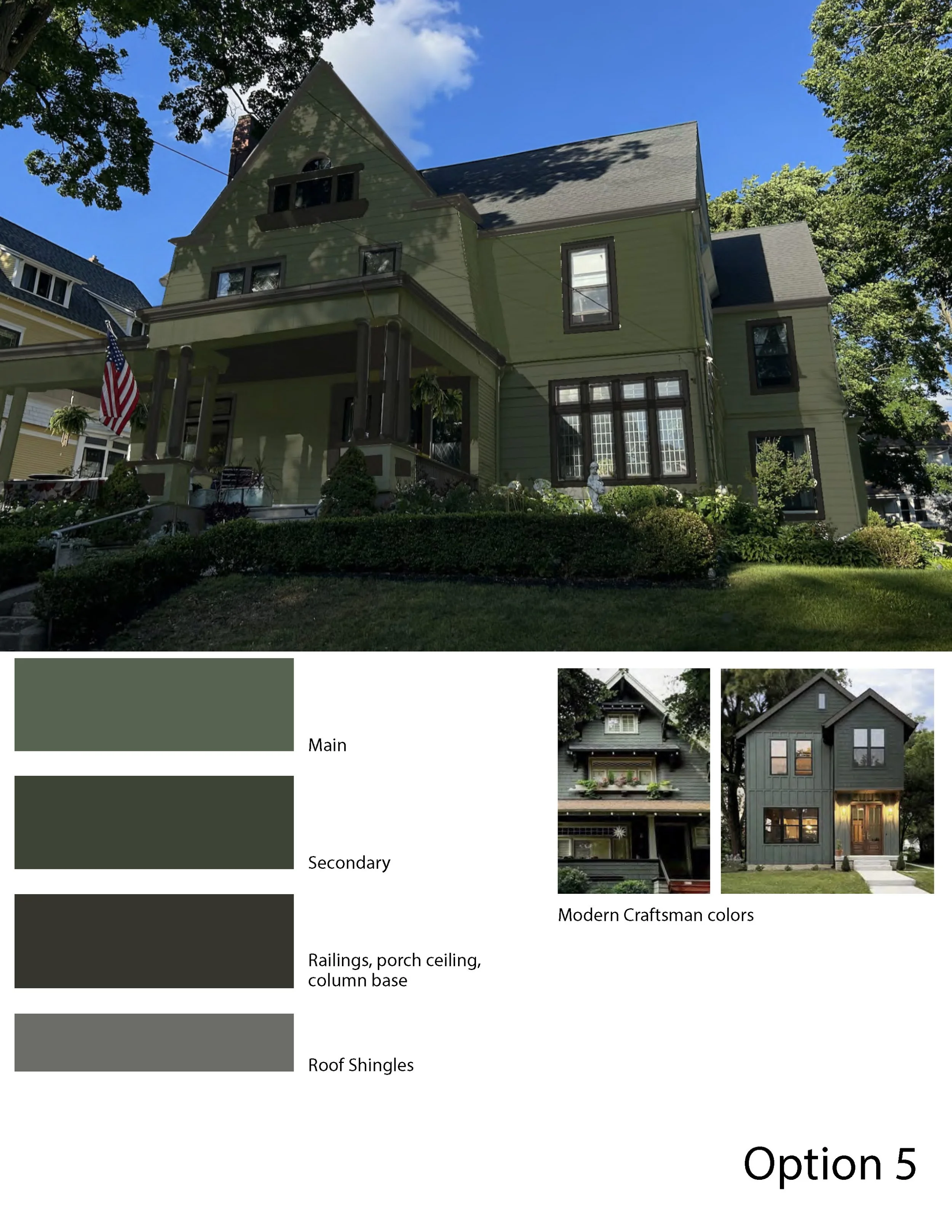 A large green house with multiple stories, a front porch, and an American flag. The house has dark green trim around the windows and dark roof shingles. There are trees and a well-maintained lawn in front.