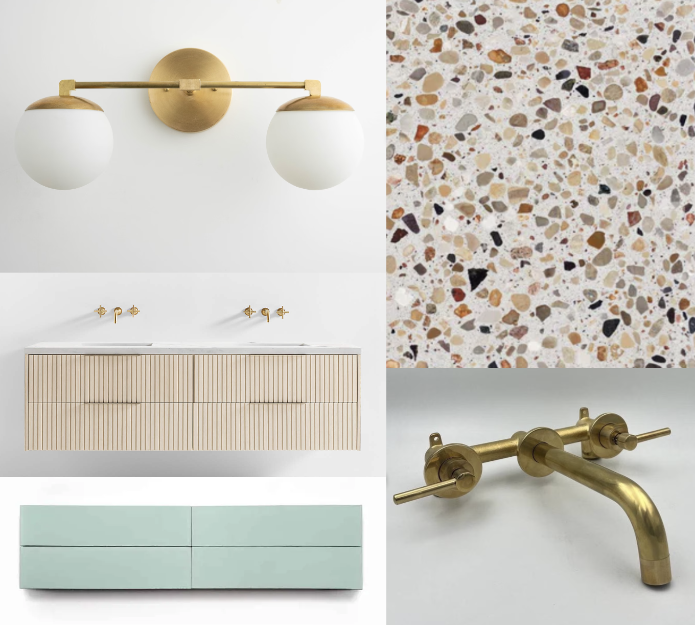 Collage of bathroom decor including a wall-mounted light fixture, terrazzo tile, wooden vanity with two sinks, mint green cabinet, and a brass faucet.