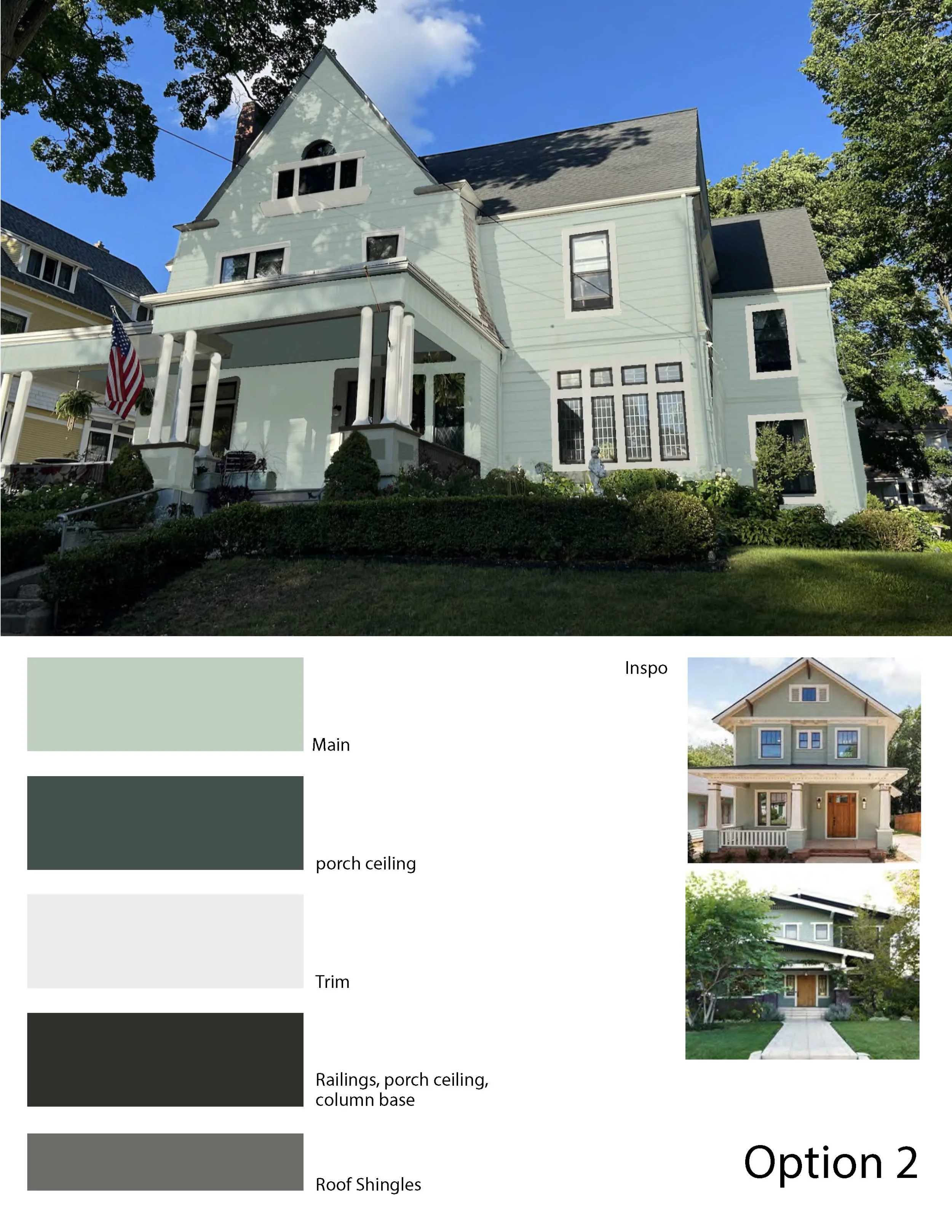 Photo of a large white house with a steep roof, front porch, and multiple windows, surrounded by greenery and trees.