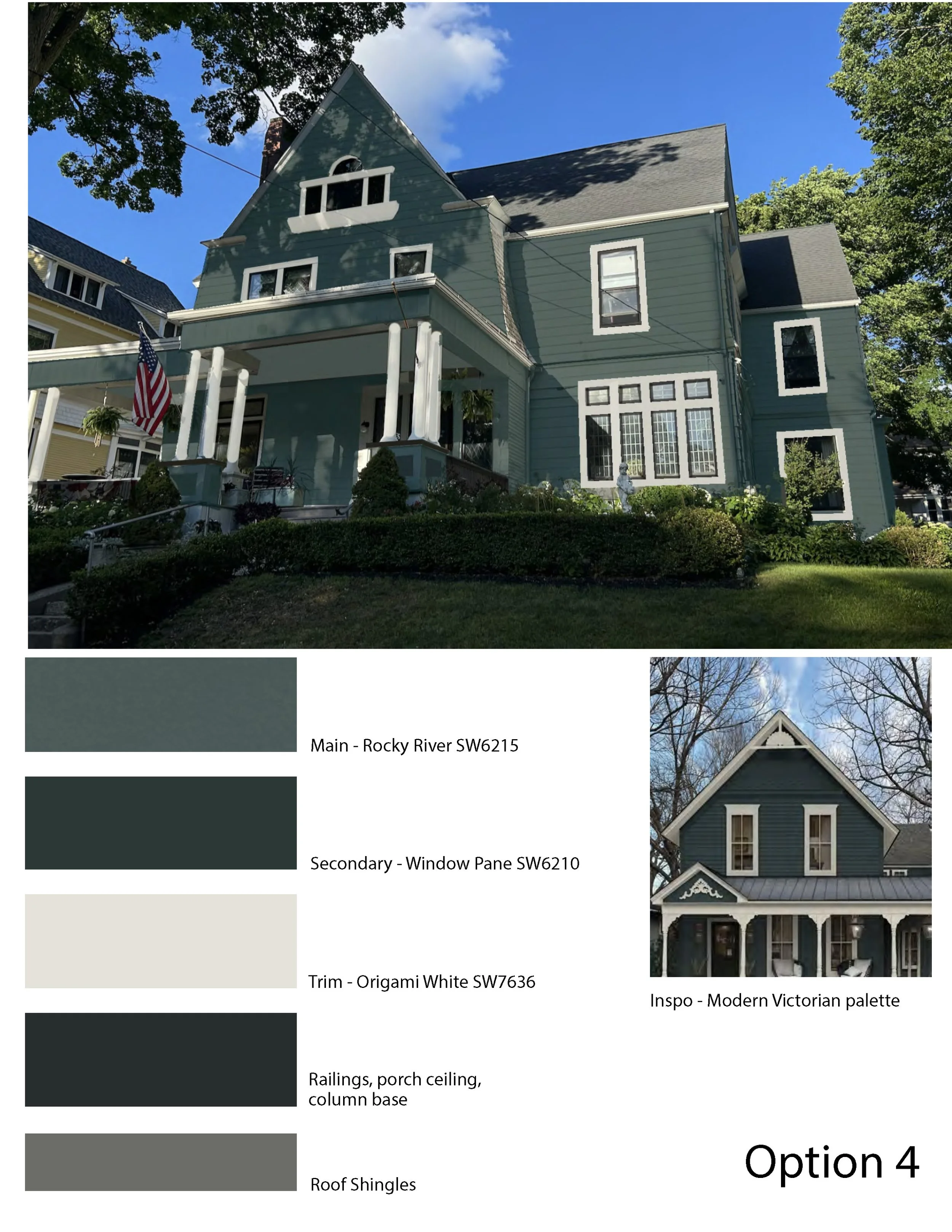 A large blue Victorian house with white trim, a porch with white columns, and an American flag hanging from the porch. The house has multiple levels and gable roofs, surrounded by trees and a landscaped yard.