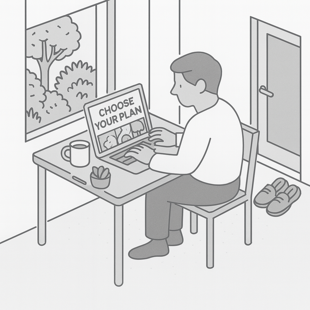 Person sitting at a table using a laptop with a ‘Choose Your Plan’ screen — illustration for selecting a GRAMINA garden plan.