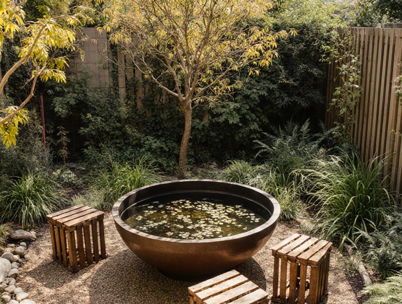 Rusted steel bowl water feature set within a lush bush garden — an example of planting and layout inspiration in GRAMINA plans.