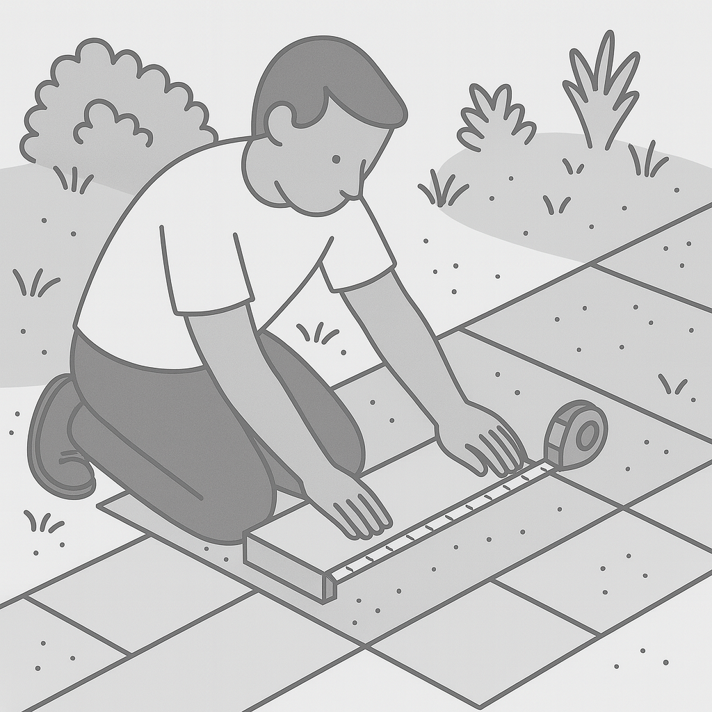 Person measuring their outdoor space with a tape measure — illustration for providing property details to GRAMINA.