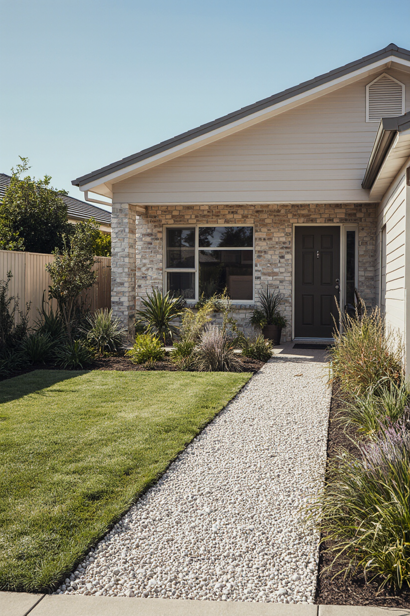 Low-maintenance front garden with simple planting, gravel path and a compact rental-friendly layout — part of the GRAMINA Low-Fuss Rental garden plan starting at $99