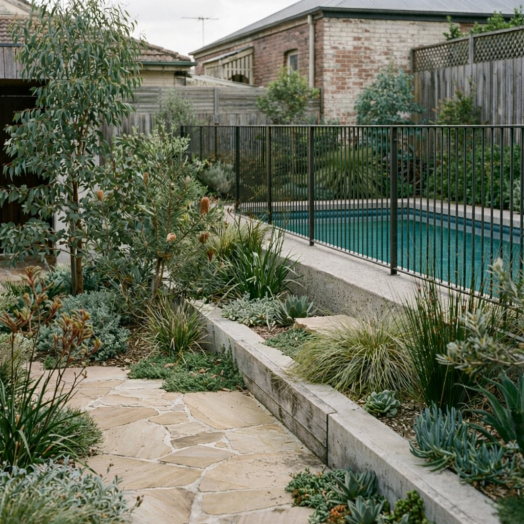Layered small backyard garden with pool, extended safety fence, stone path, and low maintenance planting