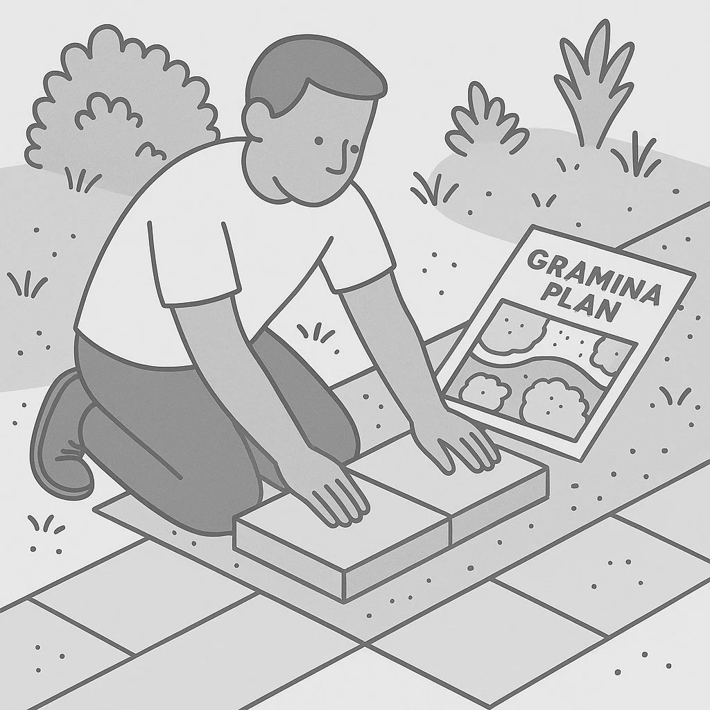 Person placing a GRAMINA garden plan on the ground as a guide for installation — illustration for beginning the garden build process.