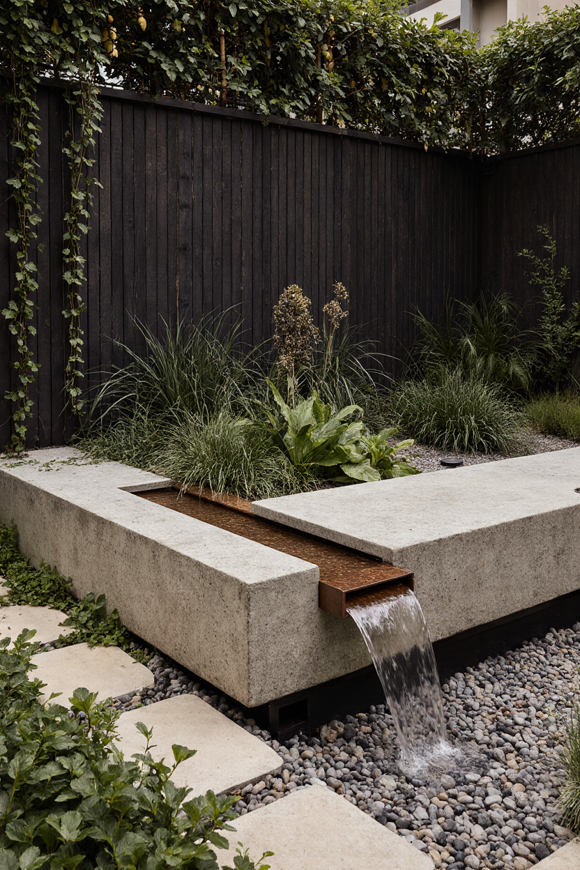 Minimalist courtyard water feature with concrete edges, dark timber fencing and layered greenery — part of the GRAMINA Small City Sanctuary garden plan starting at $99