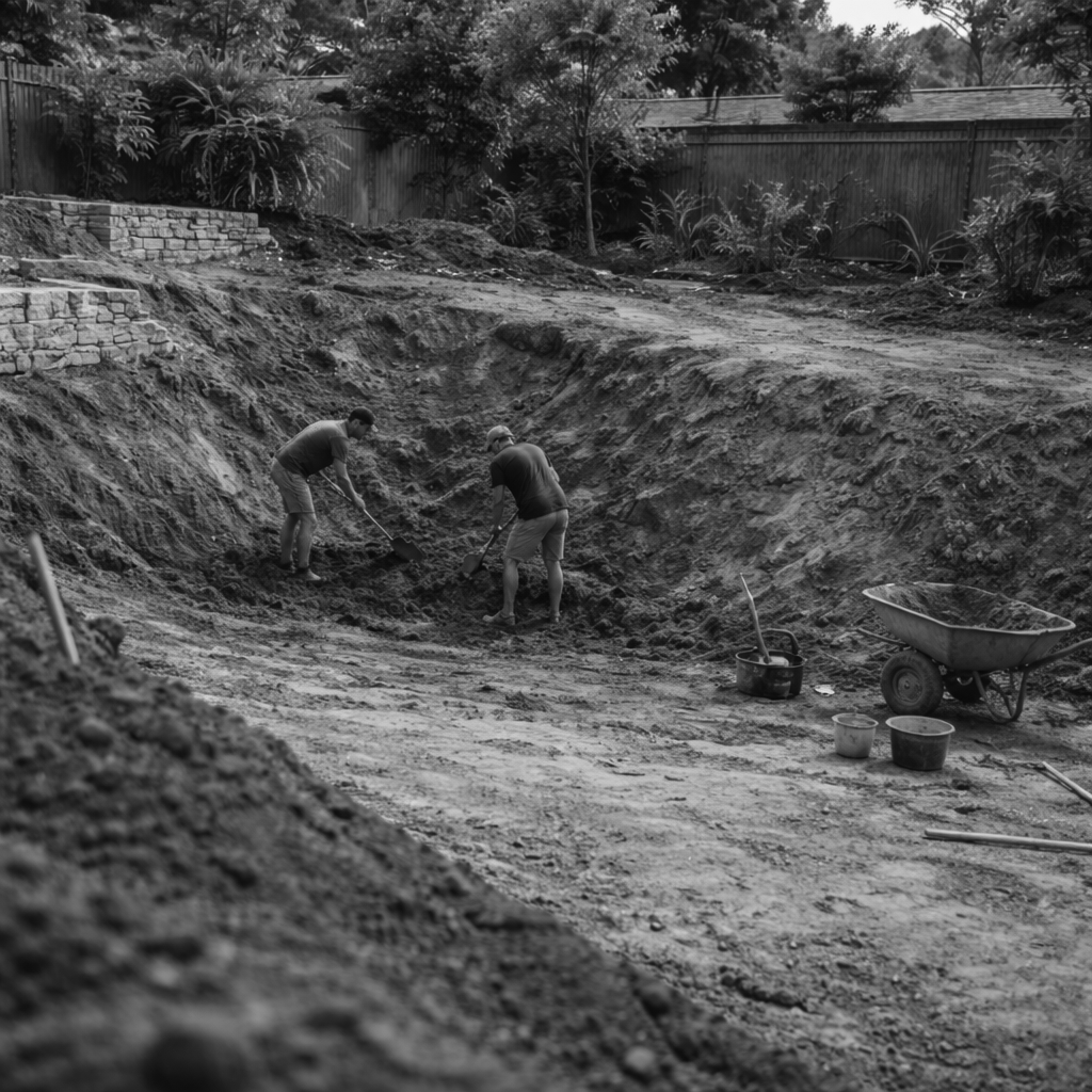Two men digging australian garden construction