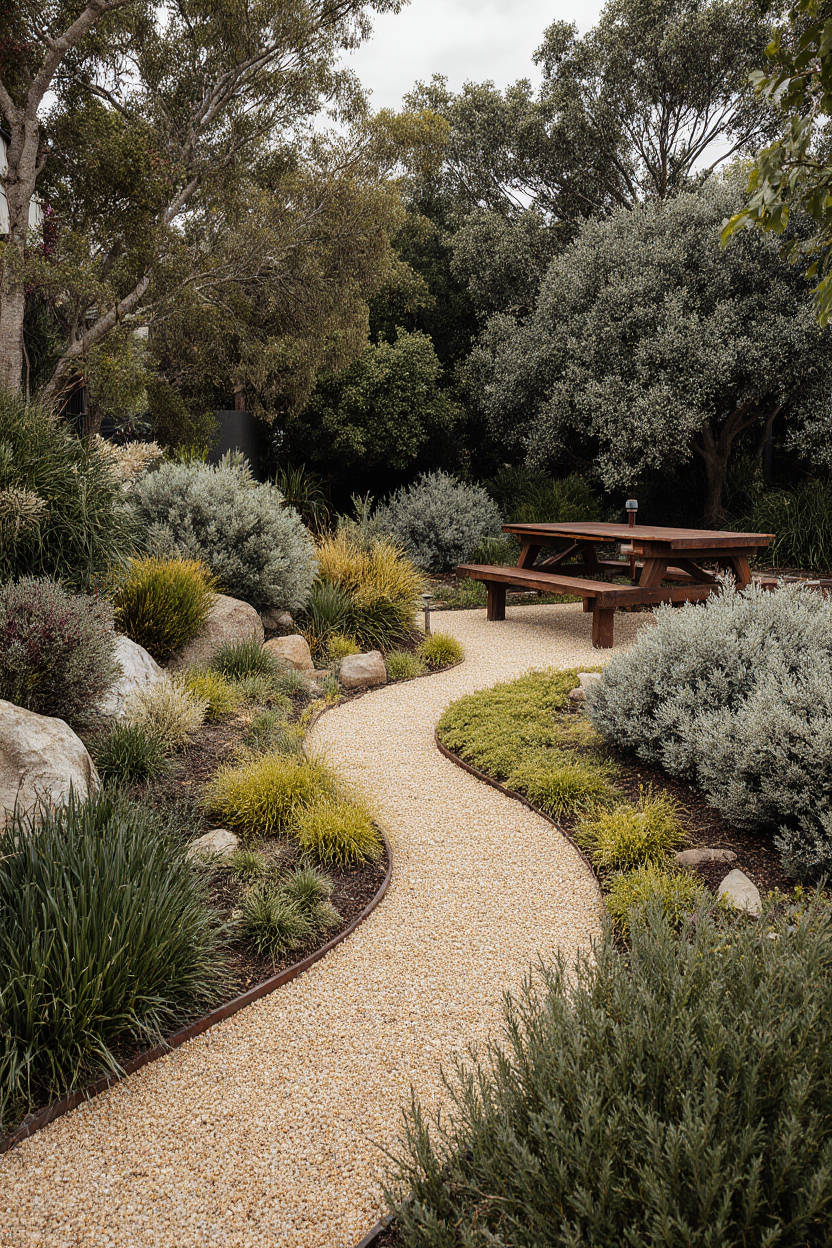 Winding gravel path through a grounded Australian bush garden with shrubs, grasses and a timber picnic table — part of a GRAMINA garden plan starting at $99.