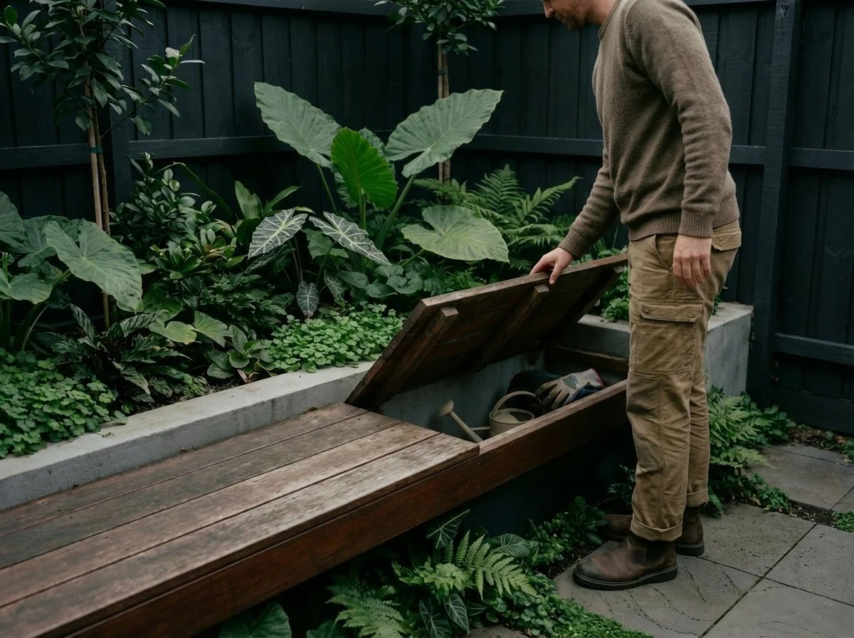 Built-in timber garden seating with hidden storage in a small urban courtyard, surrounded by lush planting and dark boundary fencing.