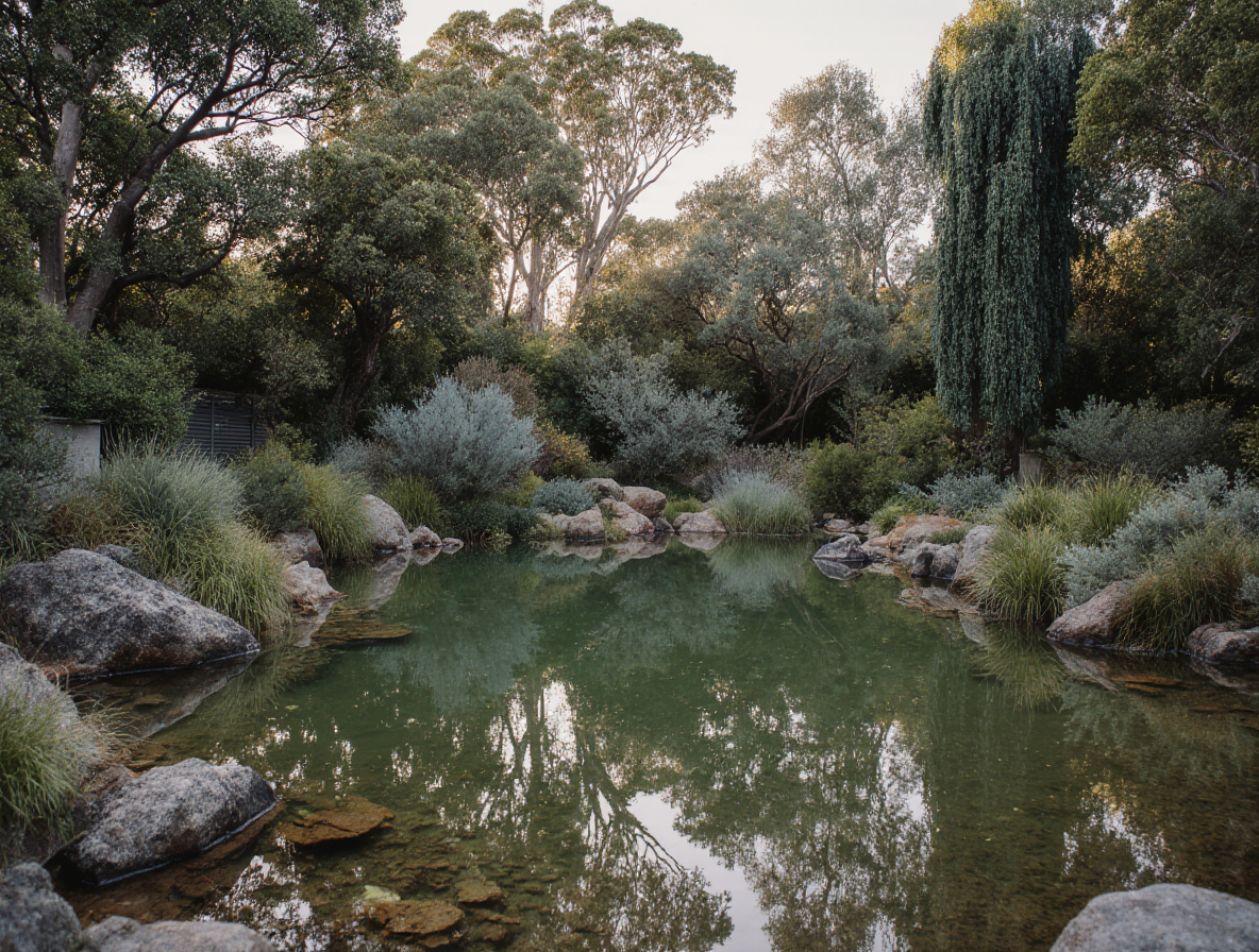 Natural swimming-style pond surrounded by rocks and Australian native planting — a landscape style referenced in GRAMINA garden plans.