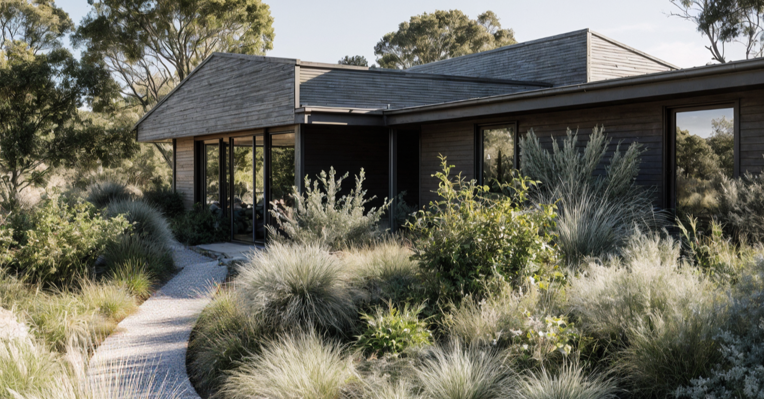 Contemporary Australian bush garden with native grasses, shrubs and a curving gravel path leading to a timber-clad house — featured inspiration within GRAMINA garden plans.