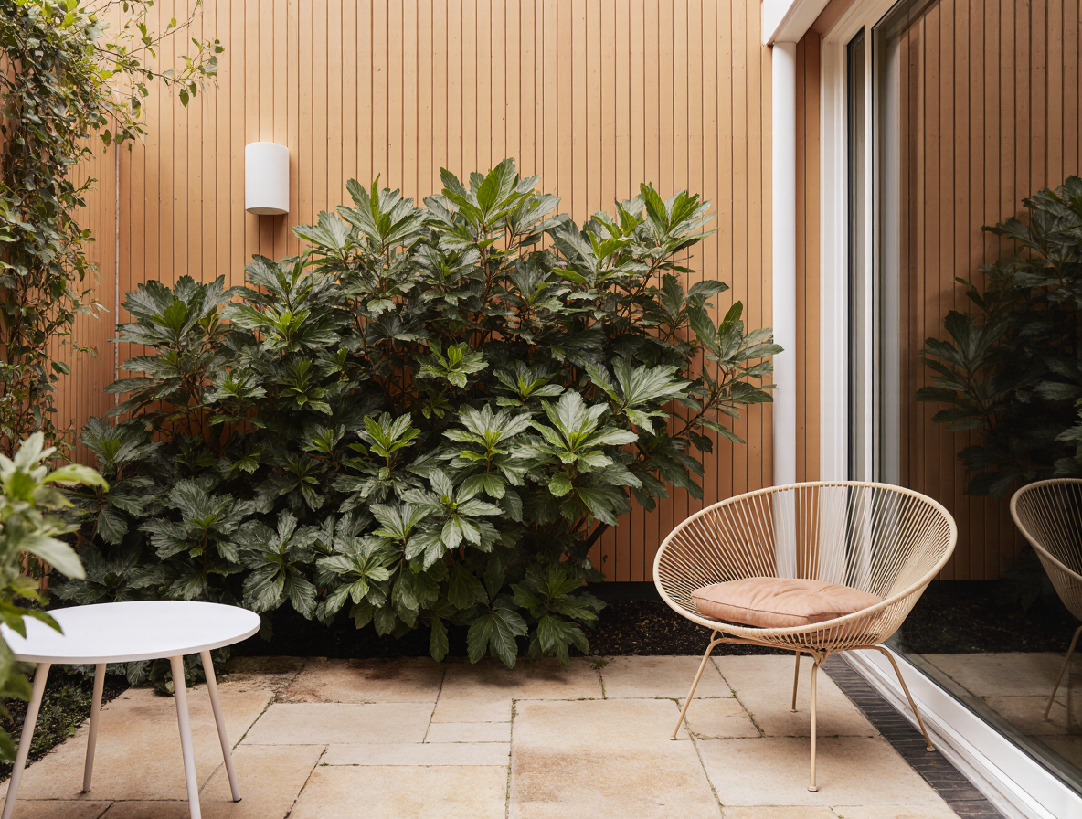 Small architectural courtyard with timber cladding, layered planting and outdoor seating — garden inspiration included in GRAMINA plans.