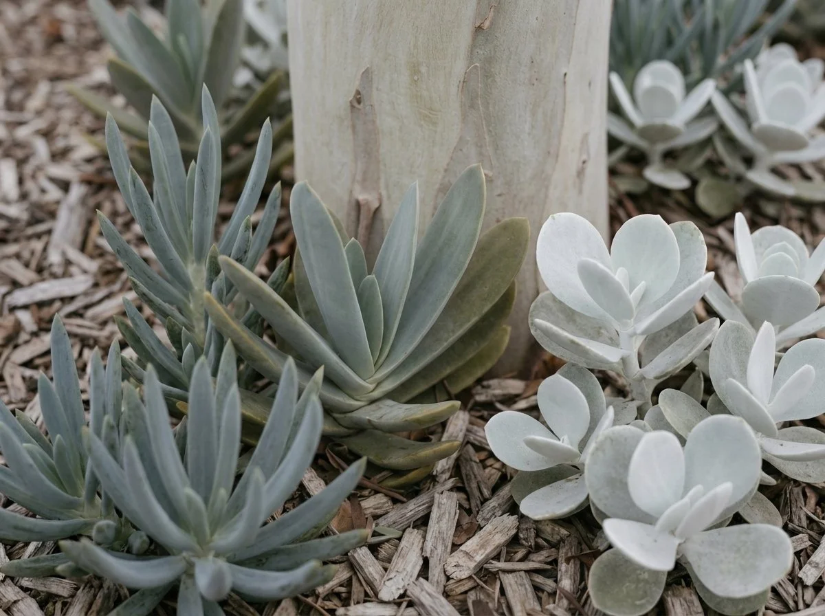 Tough, sculptural plants including succulents and cotyledon planted beneath a eucalyptus, showing durable foliage suited to dry, low-maintenance garden conditions.