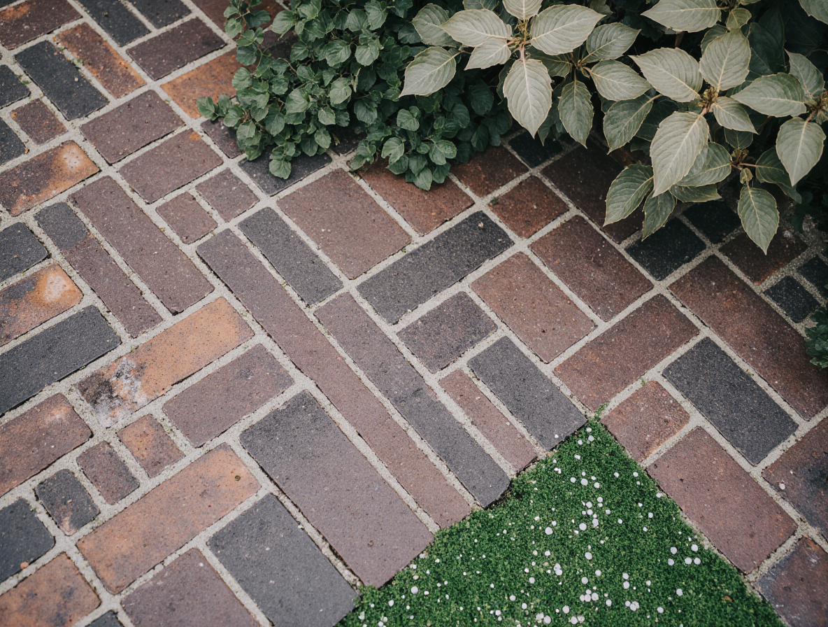 Close-up of brick paving with a planted garden edge — part of the material palette featured in GRAMINA garden plans.