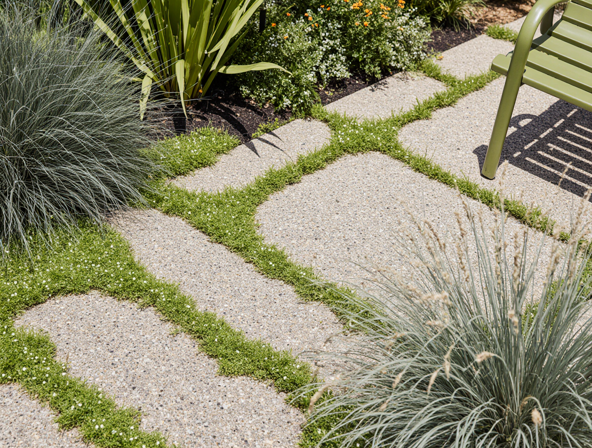 Gravel stepping path with green groundcover joints and surrounding grasses — an example garden detail used in GRAMINA plans.