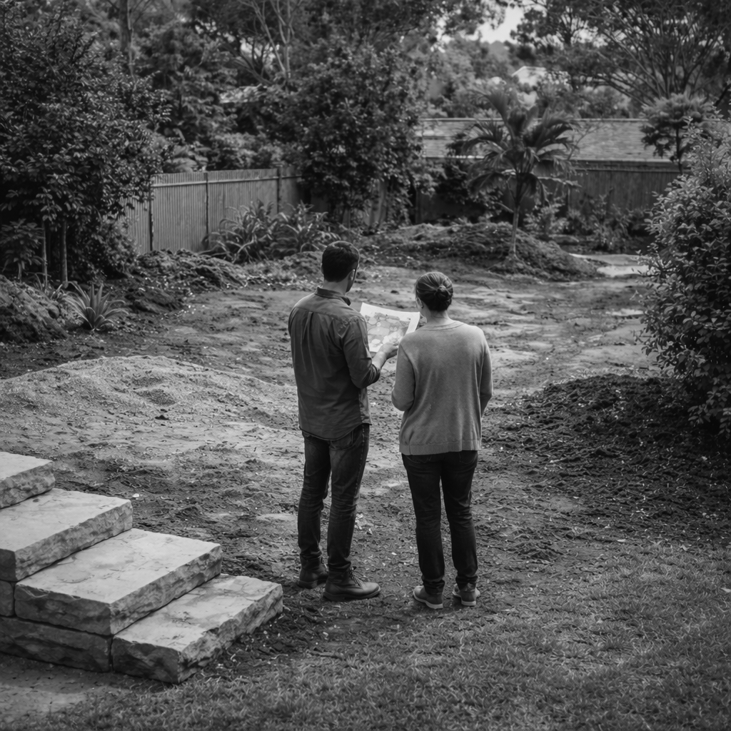 Landscape designer and client on site