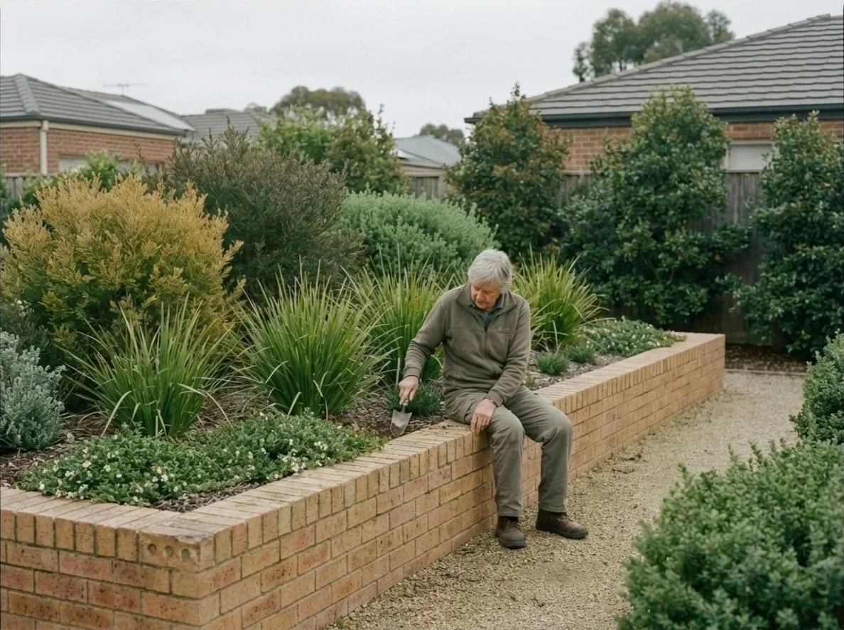 Raised brick garden bed with generous edges, showing an older person gardening comfortably in a landscape designed for ease of access and long-term use.