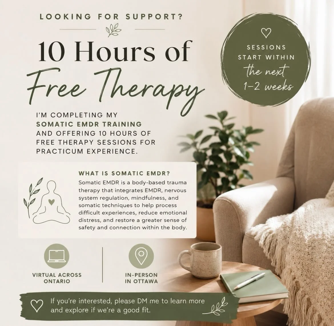 I&rsquo;m currently completing my Somatic EMDR training and offering 10 hours of free therapy sessions as part of my practicum experience. Somatic EMDR is a body-based trauma therapy that integrates EMDR, nervous system regulation, mindfulness, and s