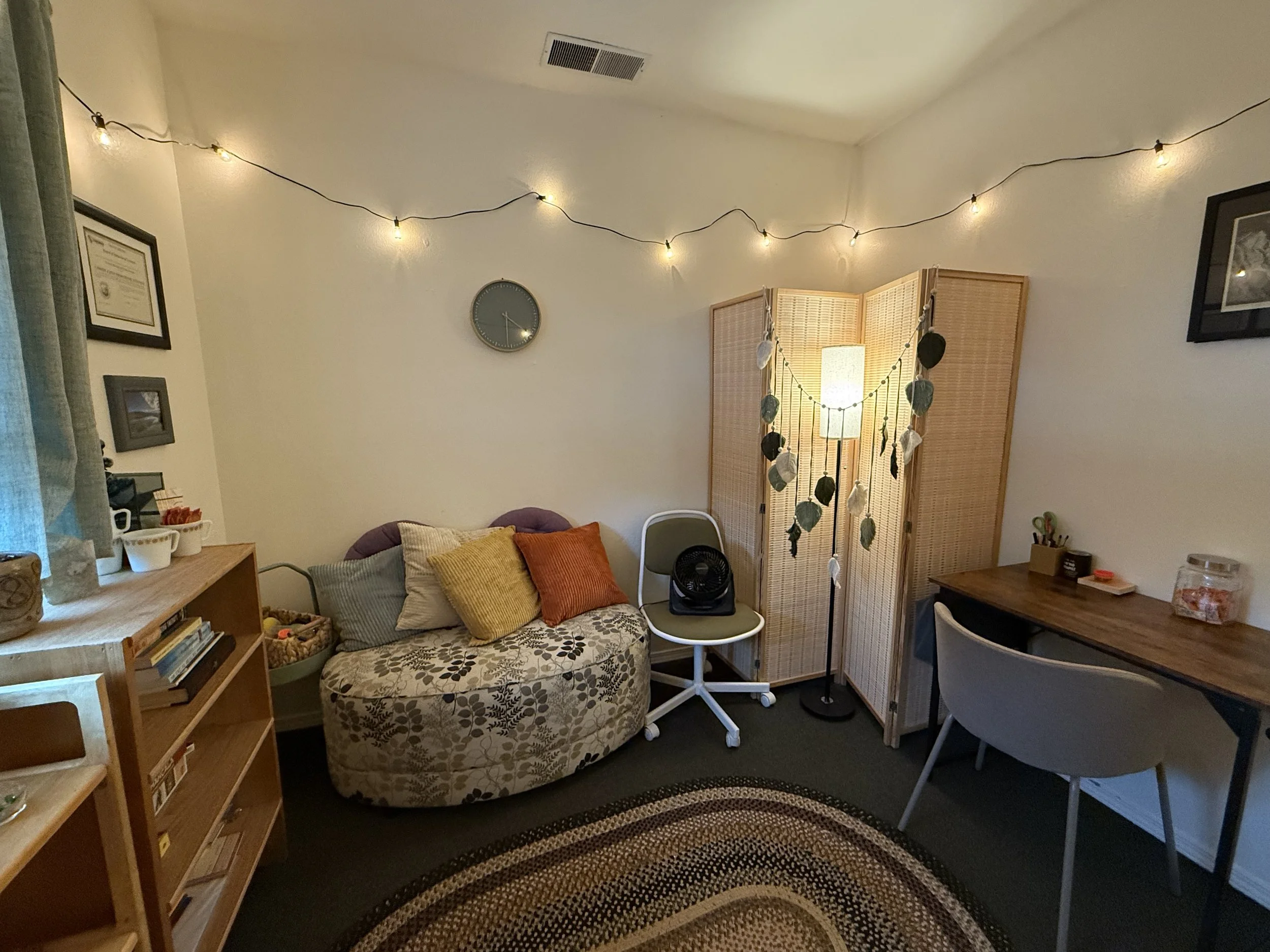 Cozy room with string lights, a small bookshelf, a floral-patterned loveseat with colorful pillows, a folding screen with hanging leaves, a floor lamp, a desk with a chair, and a rug on carpeted floor.