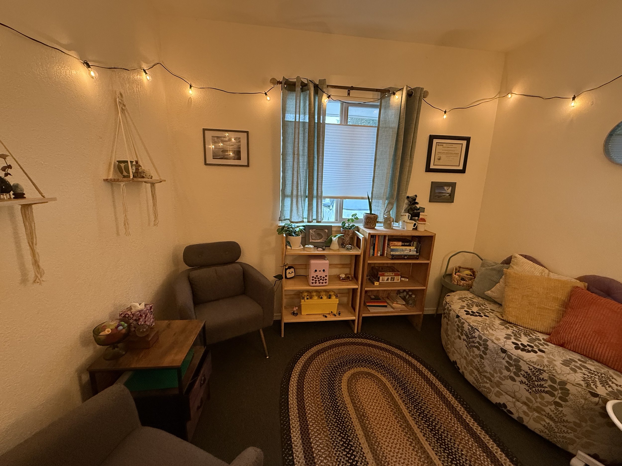 Living room with string lights, window with blue curtains, gray armchair, wooden shelves with plants and books, patterned sofa with yellow and orange pillows, oval rug on dark carpet, and framed pictures on the wall.