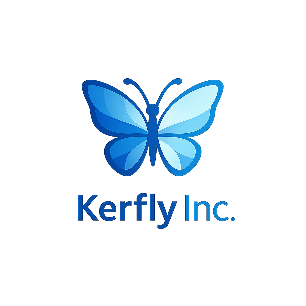 Blue butterfly with the text 'Kerfly Inc.' below it.