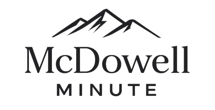 Logo with mountain graphic above the text 'McDowel Minute' in white on a black background.