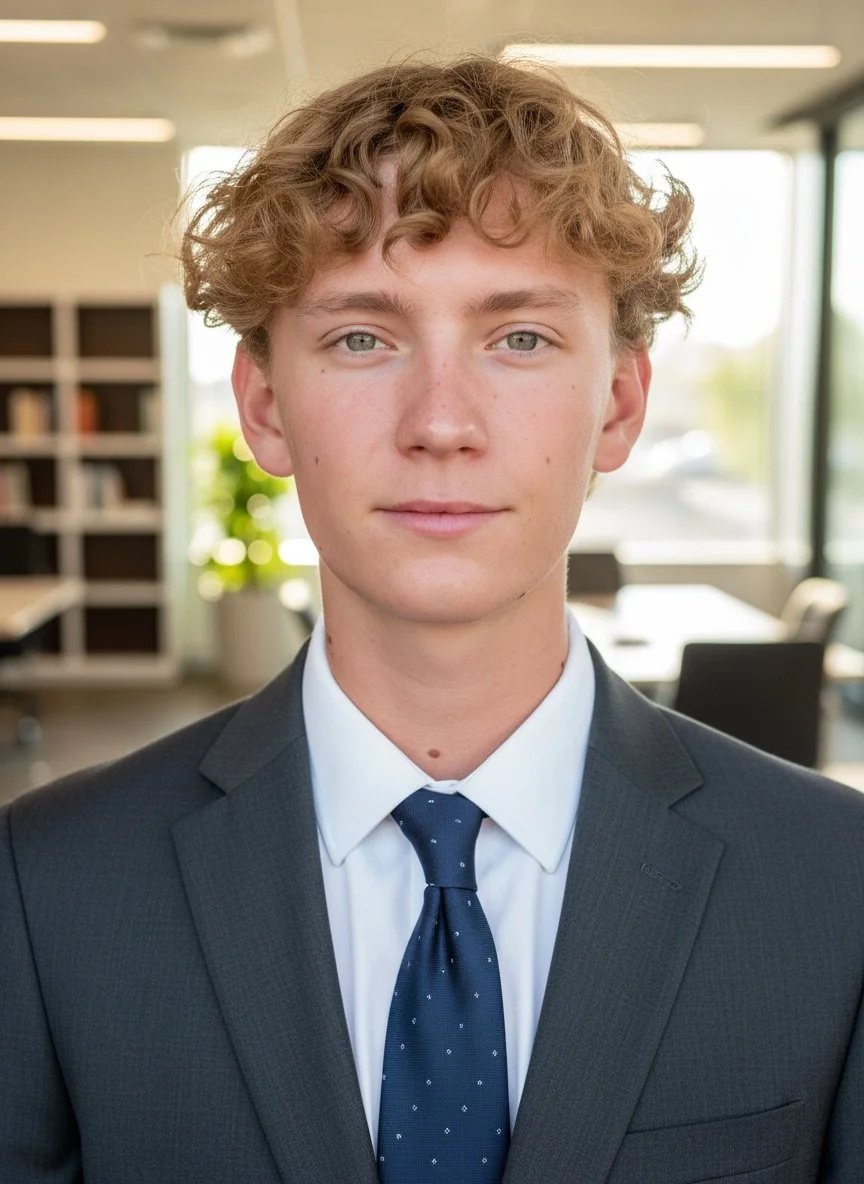 A young man with curly light brown hair, blue eyes, and fair skin wearing a dark suit, white shirt, and patterned navy tie, standing in a modern office with bookshelves and large windows.