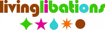 Colorful logo with the text 'livinglibations' and various icons including a star, starburst, drop, another starburst, and a circle.