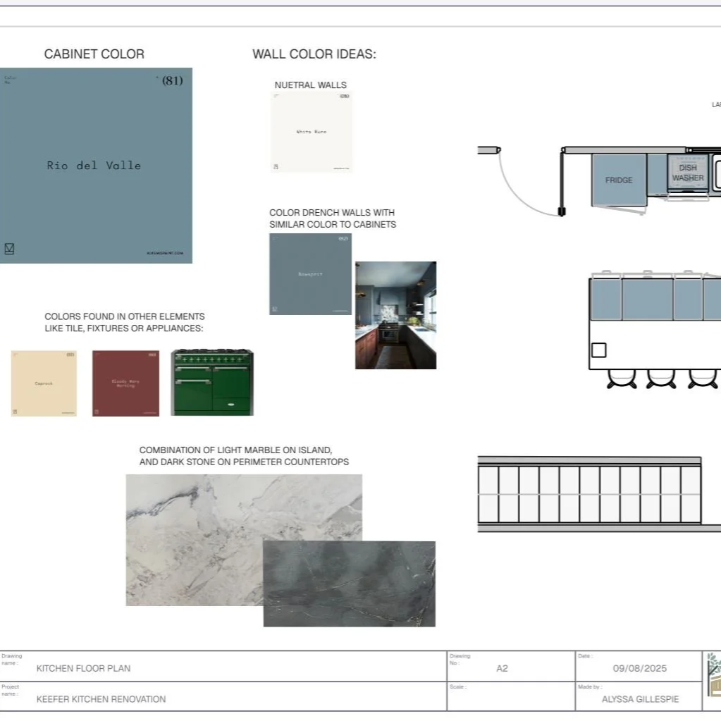 Kitchen renovation plan with color choices for cabinets, walls, and countertops, including a floor plan and material samples.