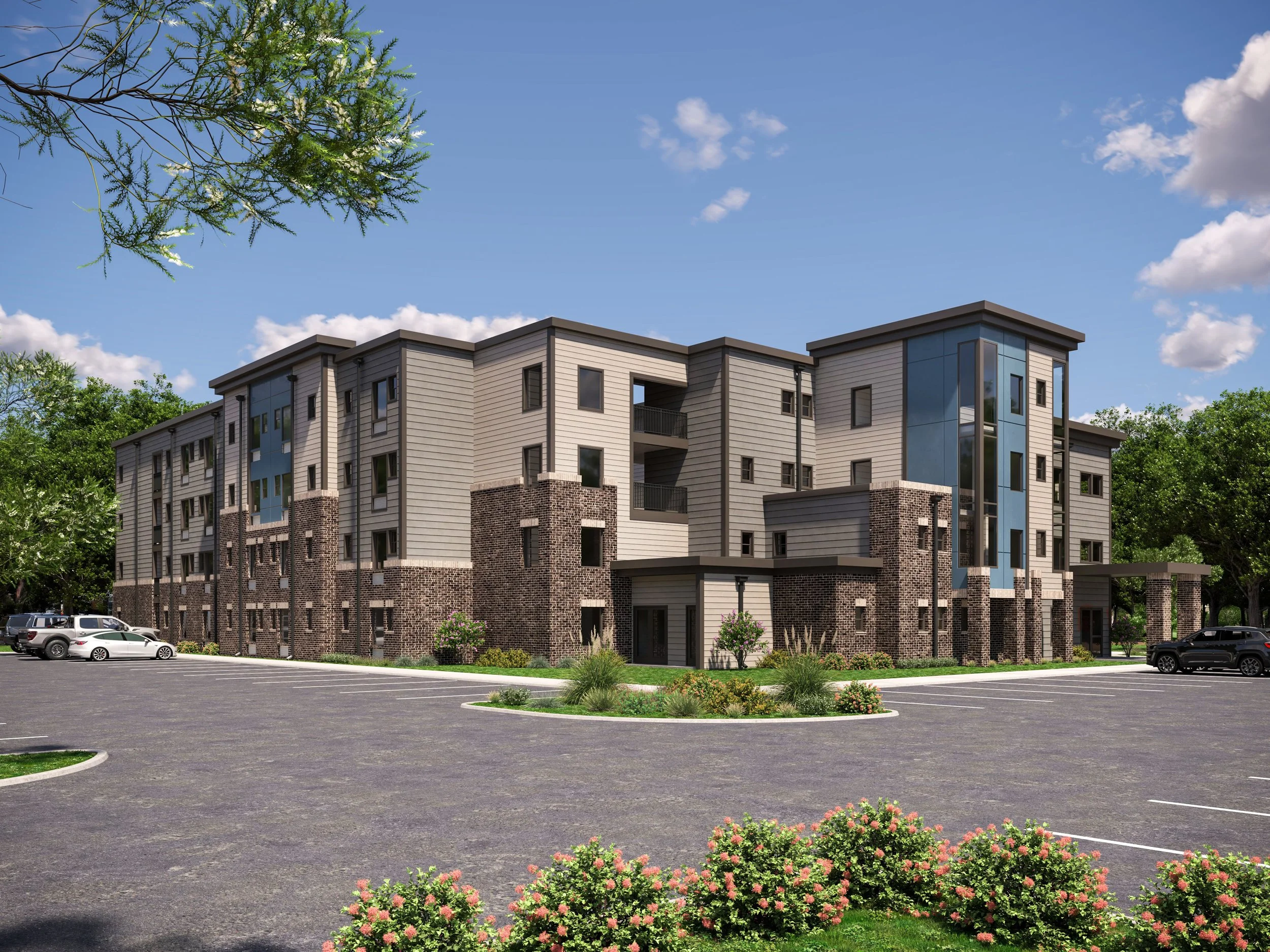 Artist's rendering of McAdams Haven, a planned permanent supportive housing development in Denton, Texas, providing 84 affordable, furnished apartments with wraparound services for individuals exiting chronic homelessness.