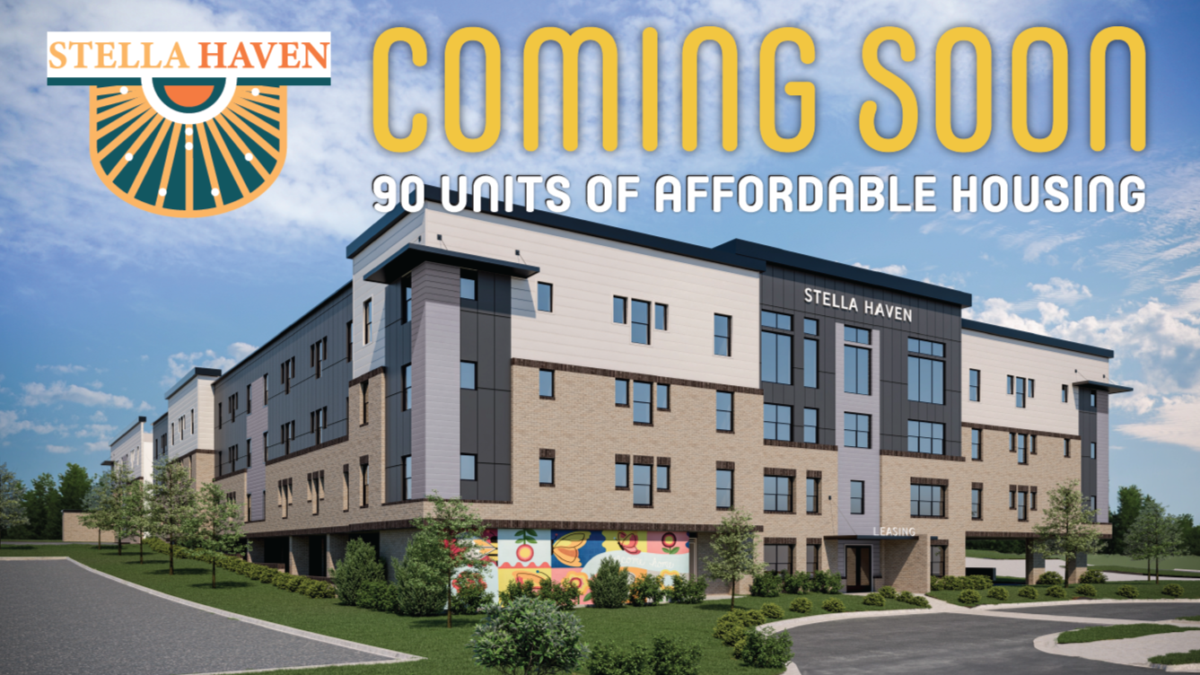 Artist's rendering of Stella Haven, a planned mixed-income affordable family apartment community in Denton, Texas, designed to provide 90 affordable rental units with modern amenities.