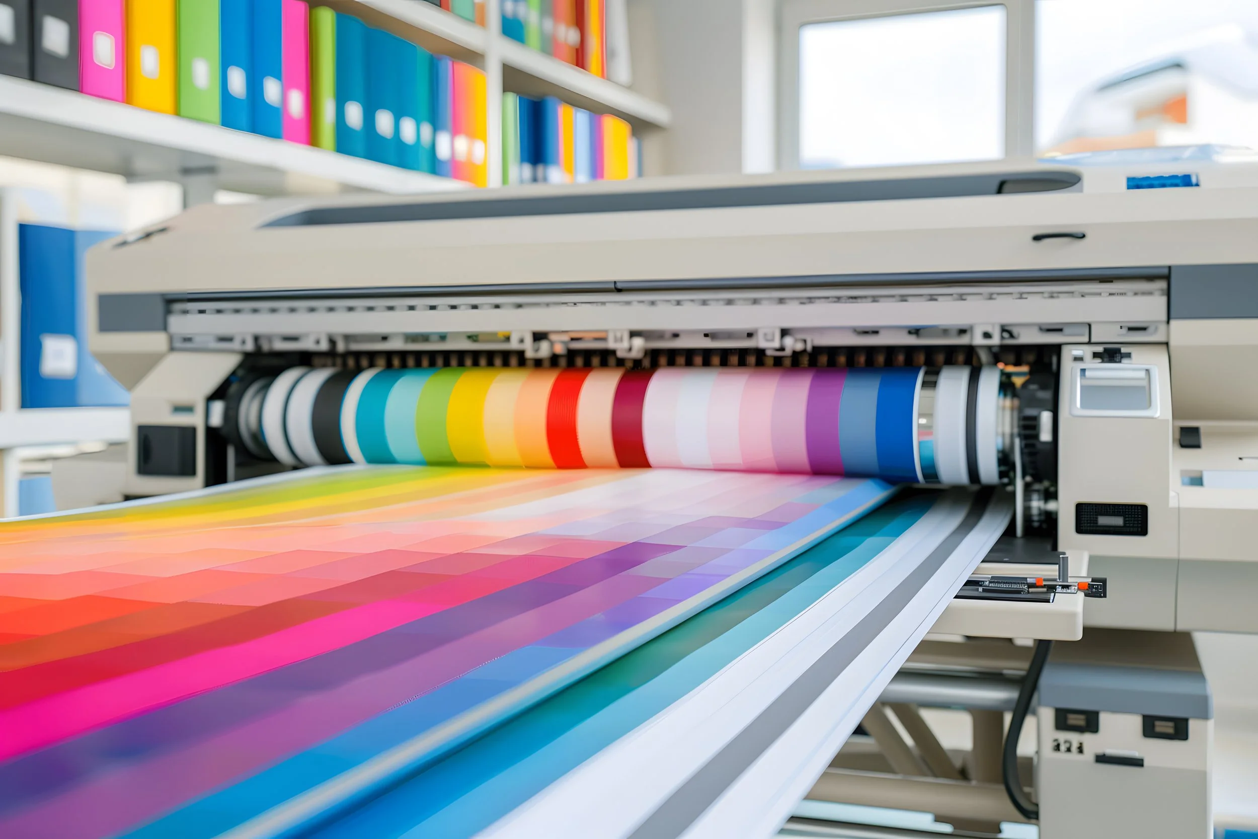 A large format printer printing a colorful gradient print in a print shop.