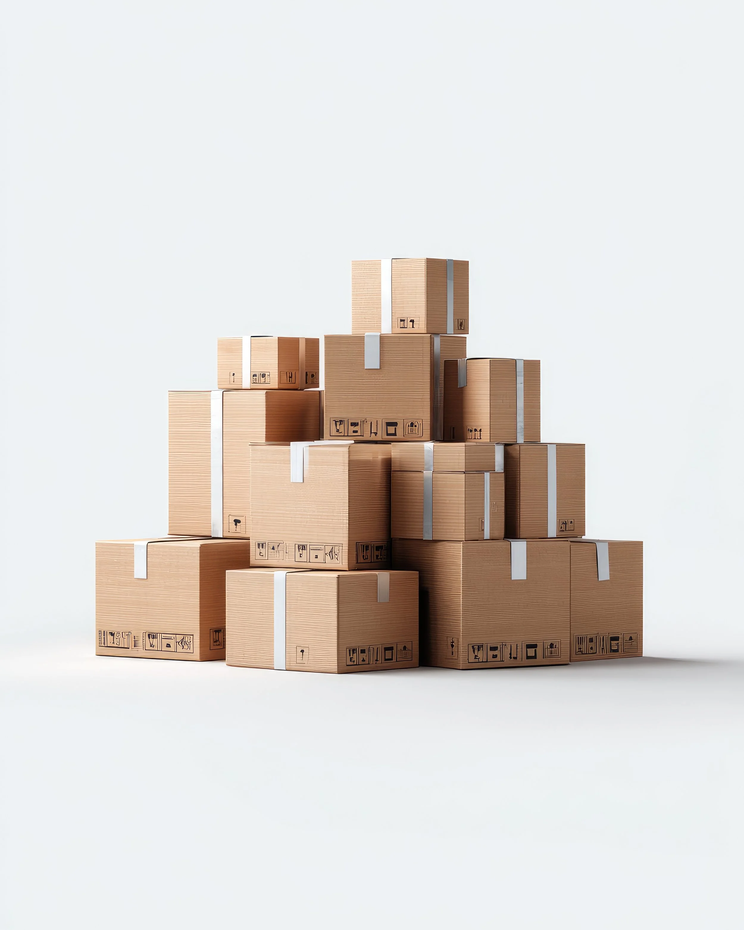 Stacked cardboard boxes with shipping symbols on a plain white background.