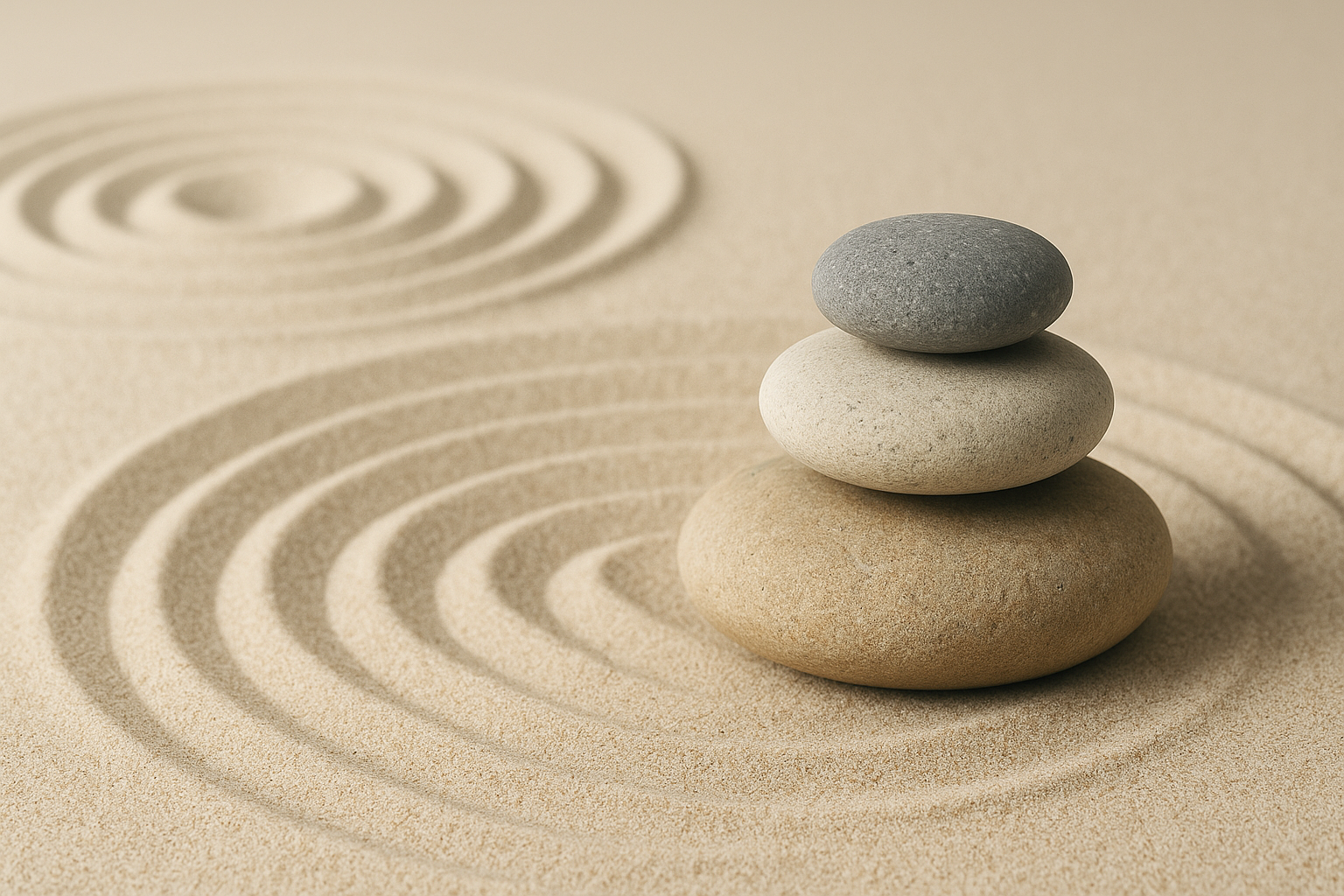 Stacked gray, white, and beige stones on sand with concentric circle patterns