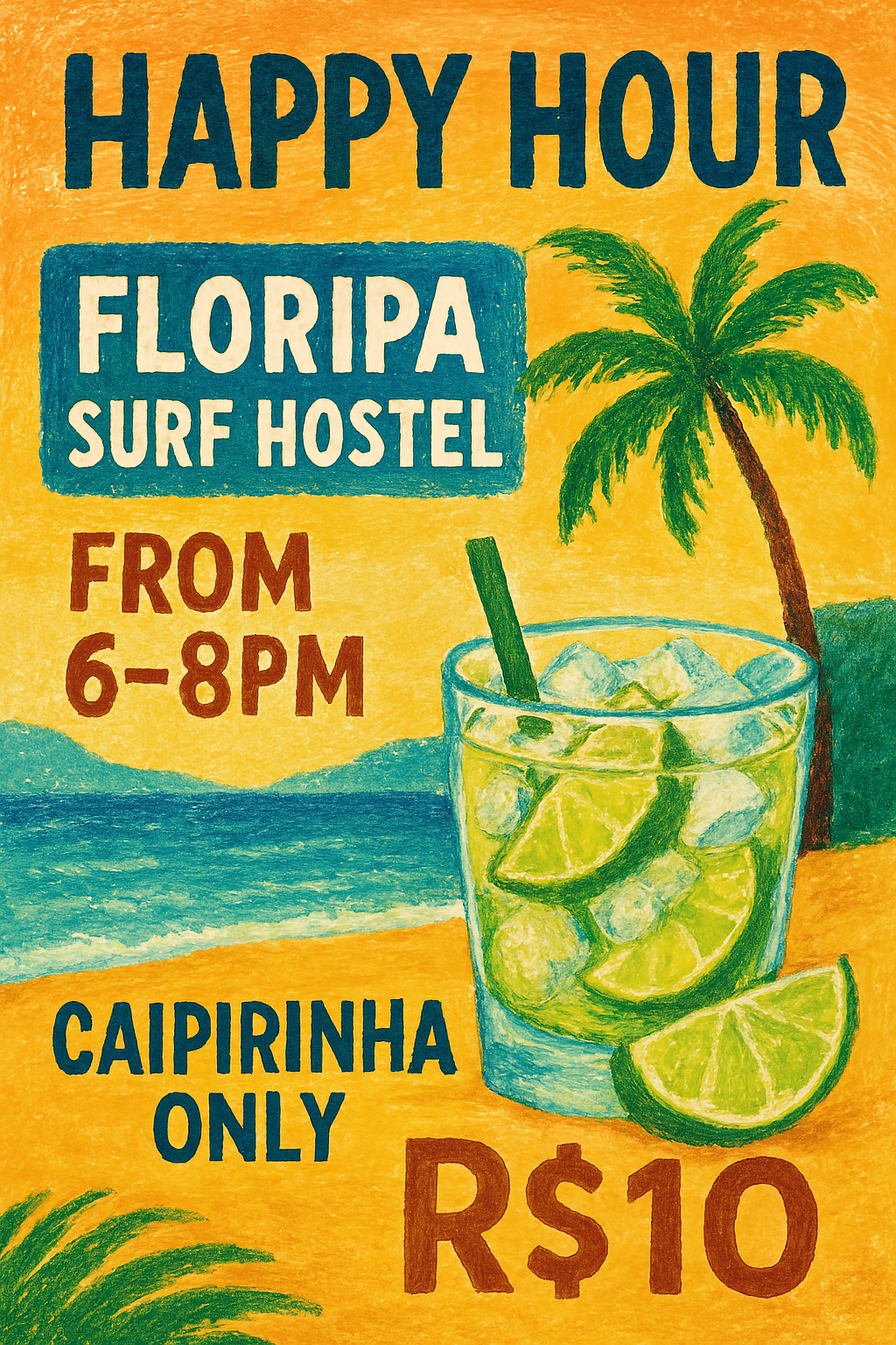 Cartaz promocional com fundo laranja, anunciando Happy Hour na Floripa Surf Hostel das 6 às 8 da noite, com uma ilustração de uma bebida com limões e gelo ao lado de uma palmeira, preço R$10.