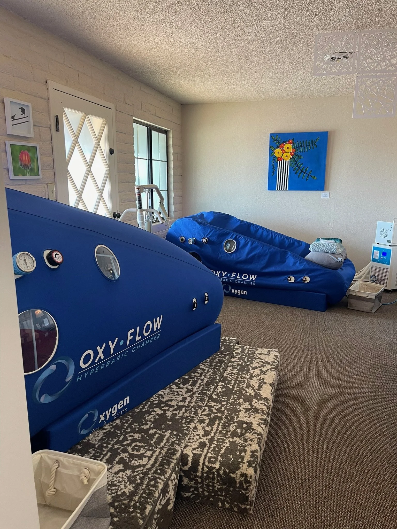 Room with oxygen therapy equipment, including a blue oxygen hyperbaric chamber labeled 'OXY.G FLOW' and an inflatable oxygen therapy chamber. The room has a window, decorative wall art, and a patterned ottoman.