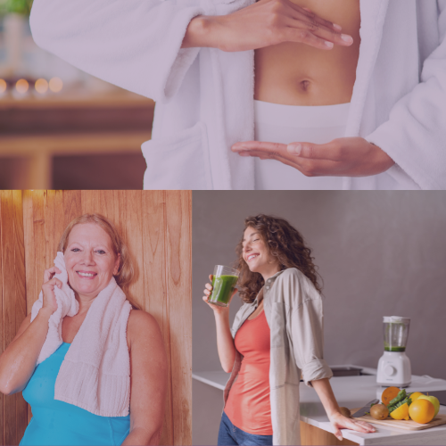 Top: Person in a white bathrobe shows stomach, lower part visible. Bottom left: Elderly woman smiling with a towel around shoulders, talking on phone. Bottom right: Woman with curly hair drinking green juice in kitchen with blender and fruits.