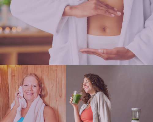 Collage of three women: one in a white bathrobe showing her stomach, another with a towel on her head talking on the phone, and the third drinking a green smoothie.
