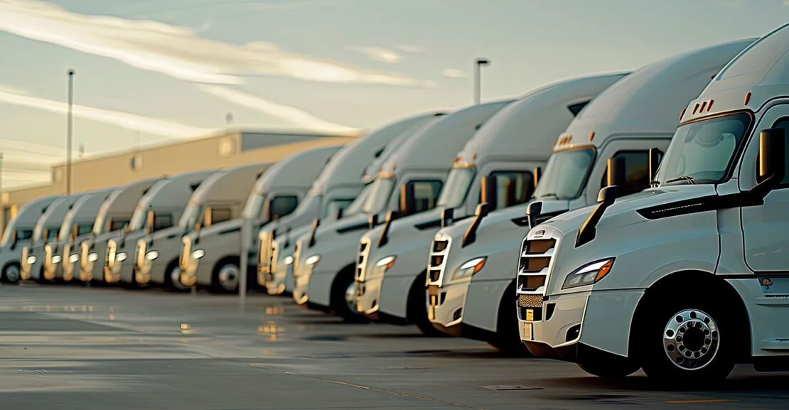 A row of white semi trucks parked in a lot at sunset.
