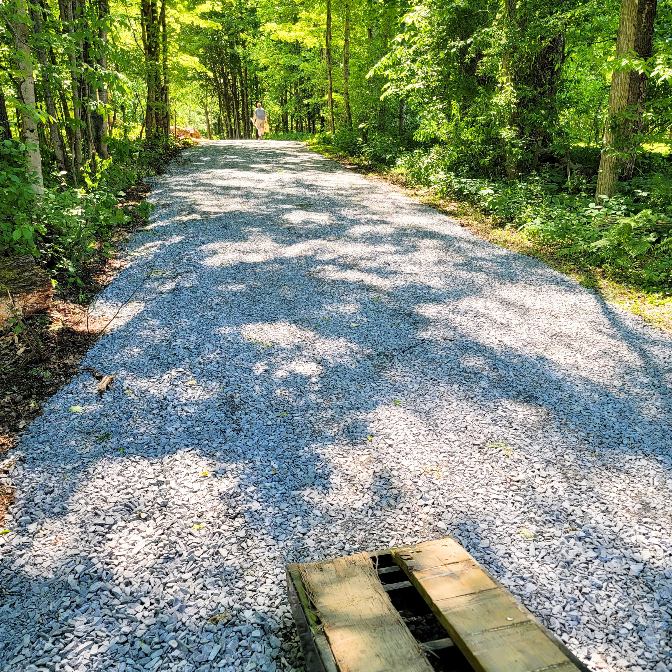 A gravel pathway in a lush green forest with trees on both sides, sunlight creating dappled shadows, a person walking in the distance, and a wood pallet in the foreground.